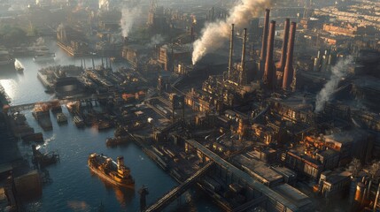 Poster - Aerial view of a massive factory complex with smokestacks, large warehouse buildings, and industrial roads. A sprawling manufacturing hub in a high-tech setting.