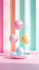 Poster - Pastel Spheres Hanging Above a Plate on Pink Background