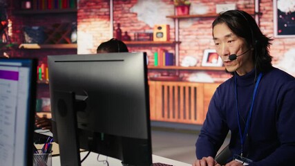 Poster - call center coworkers dealing with upset customers, speaking with them online using headset at offic