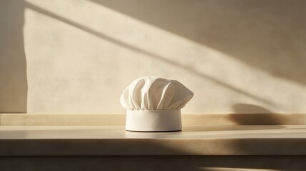 Poster - An elegant chef hat resting on a light-colored kitchen surface, with soft, natural light casting gentle shadows and space for messaging.