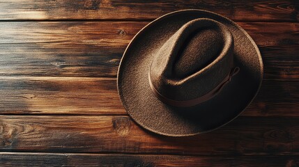 Poster - An elegant wide-brim hat on a textured wooden background, with soft lighting and ample space for messaging.