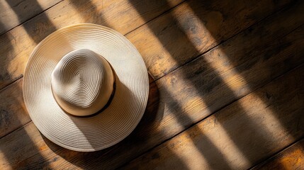 Poster - An elegant wide-brim hat on a textured wooden background, with soft lighting and ample space for messaging.