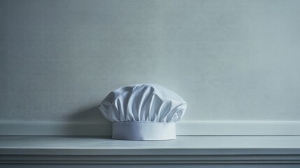 Poster - An empty white chef hat placed neatly on a clean, smooth surface, with soft natural light casting gentle shadows and space above for copy.