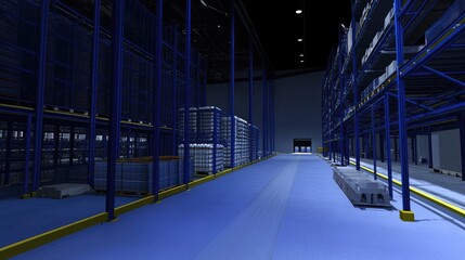 Poster - Automated robotic warehouse with tall storage racks, glowing tracking sensors, and seamless industrial logistics.
