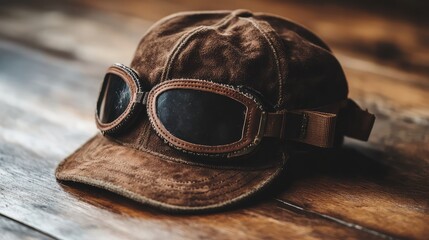 Poster - A close-up of an aviator hat with adjustable straps, placed on a smooth wooden surface, with warm lighting and ample space for text.