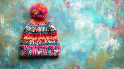 Poster - A colorful knit hat with patterns, resting on a textured fabric surface, with ample space above for copy.