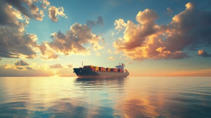 Poster - A container ship on a vast ocean, with calm waters and dramatic sky clouds, offering space for water transport-related text.