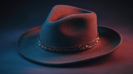 Poster - A felt hat with a decorative band, resting on a soft textured background with clear, bright lighting for copy space.