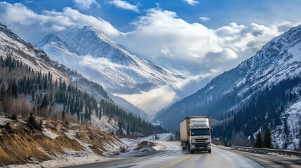 Poster - A freight truck navigating through a mountainous road with a large cargo load, offering ample space above for freight transport messages.