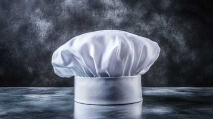 Poster - A pristine white chef hat sitting on a polished surface, with soft light casting shadows and ample space above for copy.