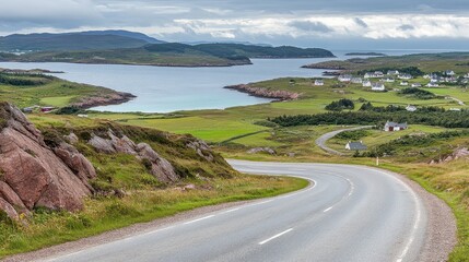 Poster - A scenic highway along a coastal route, with the ocean visible on one side and lush greenery on the other, offering ample space for copy.