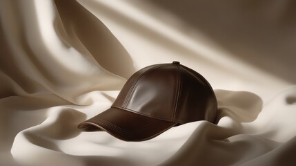 Poster - A sleek leather cap placed on a neutral-colored background with soft shadows and ample space above for copy.