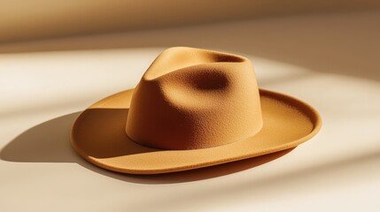 Poster - A stylish felt hat with a wide brim, resting on a beige surface, with soft light highlighting the details and room for copy.