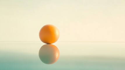 Poster - A single bright orange sphere resting on a smooth reflective surface, minimalistic background with soft colors creating a tranquil atmosphere