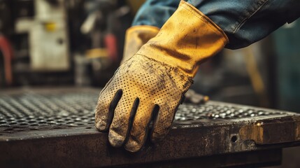 Poster - Close-up of a factory worker's protective gloves on a metal surface, with factory tools and machinery in the background, emphasizing safety and copy space.