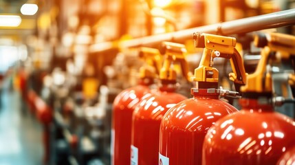 Poster - Close-up of factory fire safety equipment, including extinguishers and first aid kits, with factory machinery blurred in the background and space for copy.