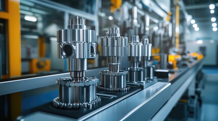 Aufkleber - Close-up of metal gears and machinery in a factory setting. A detailed view of industrial engineering, mechanical parts, and precision technology.
