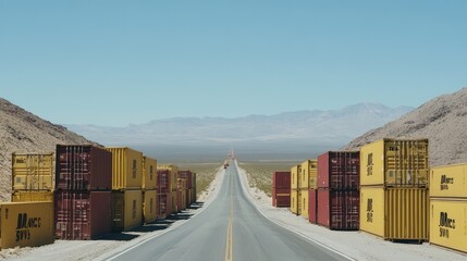 Poster - Freight containers stacked on the back of a truck, with the open highway ahead and a clear blue sky for copy about freight transport.