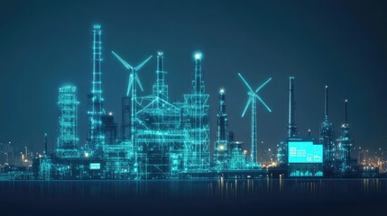 Poster - Futuristic AI-powered energy station with glowing industrial turbines and high-tech monitoring screens.