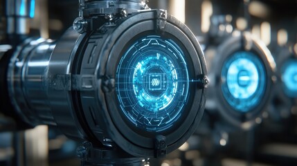 Poster - Glowing industrial cybernetic pipeline system with AI-powered pressure monitoring and futuristic safety technology.