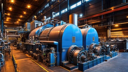 Poster - Large industrial power plant interior with metal structures, steam pipes, and dim lighting. A perfect background for energy production, heavy industry, and manufacturing themes.