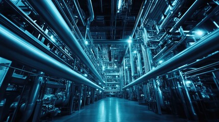 Poster - Large industrial power plant interior with metal structures, steam pipes, and dim lighting. A perfect background for energy production, heavy industry, and manufacturing themes.