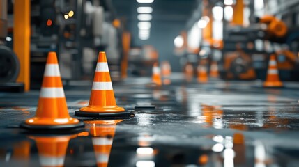 Poster - Safety cones and barriers around factory machinery, with clear signage and a neat, organized industrial setting, leaving space for safety messages.