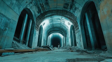 Poster - Underground tunnel under construction, with concrete reinforcements, large support beams, and modern engineering equipment. A symbol of large-scale infrastructure projects.