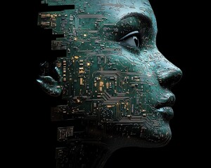 Leinwandbilder - Neuromorphic engineering concept brain and face profile made of connected electronic chip circuits, symbolizing artificial neurons and cognitive computing