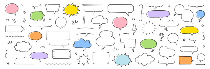 Poster - Line frame text speech bubble set. Line balloon frame design talk speech bubble frame. Comic japan style design conversation text dialog balloon, simple doodle thinking cloud. Vector illustration