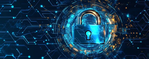 Leinwandbilder - Padlock symbolizing technology information security, surrounded by flowing programming codes and digital encryption, representing generative AI and cyber protection