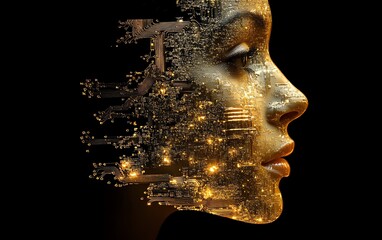 Poster - Face profile with neural circuits and electronic chips, showcasing neuromorphic engineering simulating brainlike behavior and advanced technology