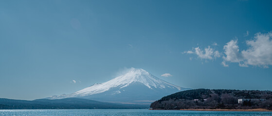 Wall Mural - fuji mountain at yamanakako lake with tiny clouds and sky blue in japan.