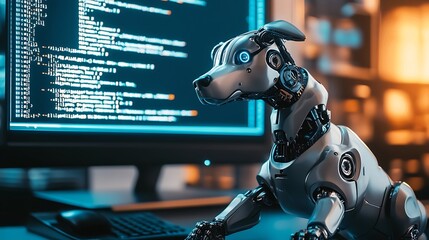 Poster - A futuristic robotic dog interacting with a computer screen filled with code in a modern tech environment
