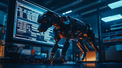 Poster - Futuristic robotic dog interacting with advanced technology in a high-tech environment featuring glowing screens and complex data