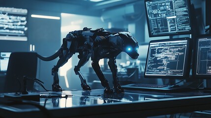 Poster - Futuristic robotic dog with glowing blue eyes standing on a desk surrounded by multiple computer screens displaying codes and data in a dimly lit room