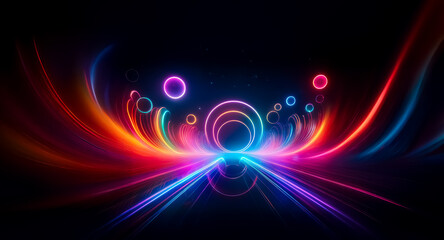 Poster - abstract neon lights on a dark backdrop. colorful glowing circles and lines create a futuristic and 