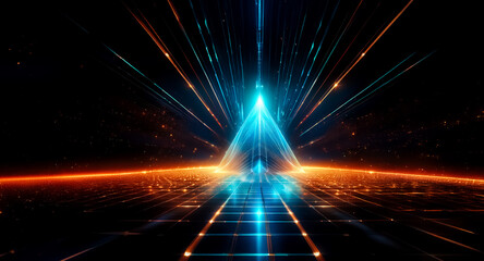 Poster - abstract image of converging light trails in blue and orange hues, forming a triangle shape against 
