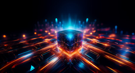 Aufkleber - luminous cube at center emits bright blue and orange lines, creating a futuristic abstract design on