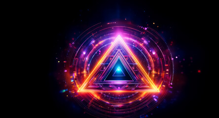 Aufkleber - vibrant neon triangle and circular patterns illuminate a dark background, creating a futuristic and 