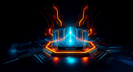 Aufkleber - a glowing futuristic structure with blue and orange neon lights on a dark backdrop. an abstract tech