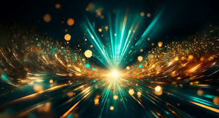 Poster - Abstract image displays teal and gold light bursts emanating from a central point, creating a dynamic sense of speed and energy with bokeh and motion blur effects.