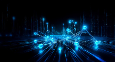Aufkleber - a network of glowing blue nodes and lines illuminates a dark space, visualizing interconnected digit