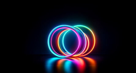 Aufkleber - three vibrant neon rings interlock on a dark reflective surface, casting colorful glows against a bl