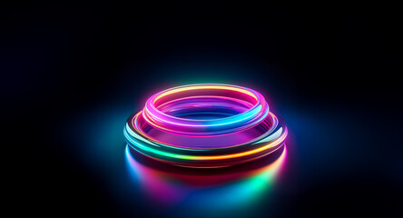 Poster - vibrant rings of light, stacked in a spiral, glow against a stark black backdrop. rainbow colors cre