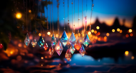 Canvas Print - hanging crystal ornaments shimmer in a soft outdoor night scene. lights glow in the blurred backgrou