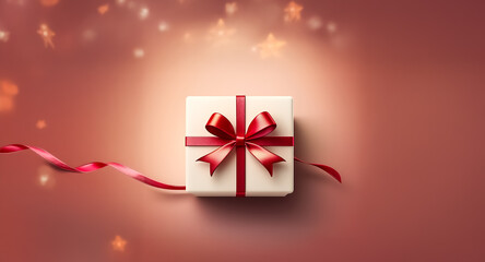Canvas Print - a wrapped gift box with a red ribbon and bow sits on a blurred background with star-shaped bokeh lig