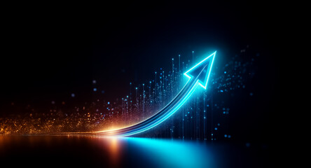 Poster - a glowing blue arrow dynamically ascends against a dark backdrop, suggesting growth and forward mome