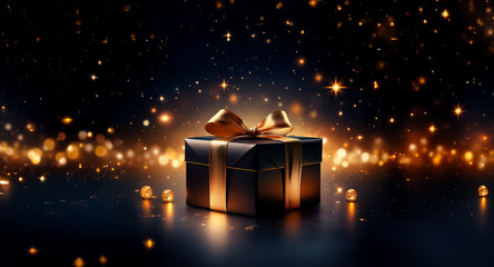 Wall Mural - elegant gift wrapped in dark paper with a radiant golden bow, set against a backdrop of shimmering g