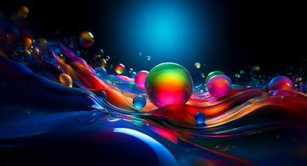 Aufkleber - vibrant abstract image features colorful spheres and flowing waves on a dark backdrop. bright and mo
